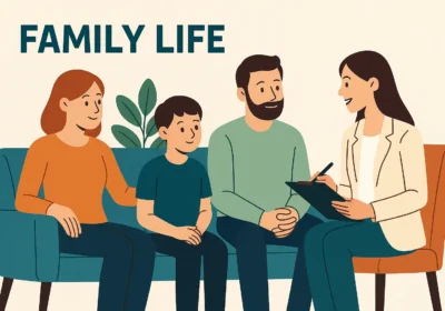 Illustration of a family talking with a therapist, representing family life support.