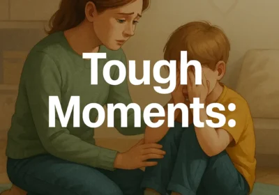 Illustration of a mother comforting a child who is upset, with the text ‘Tough Moments'
