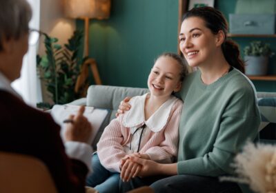 Consultation of child and mother on reception for psychologist.